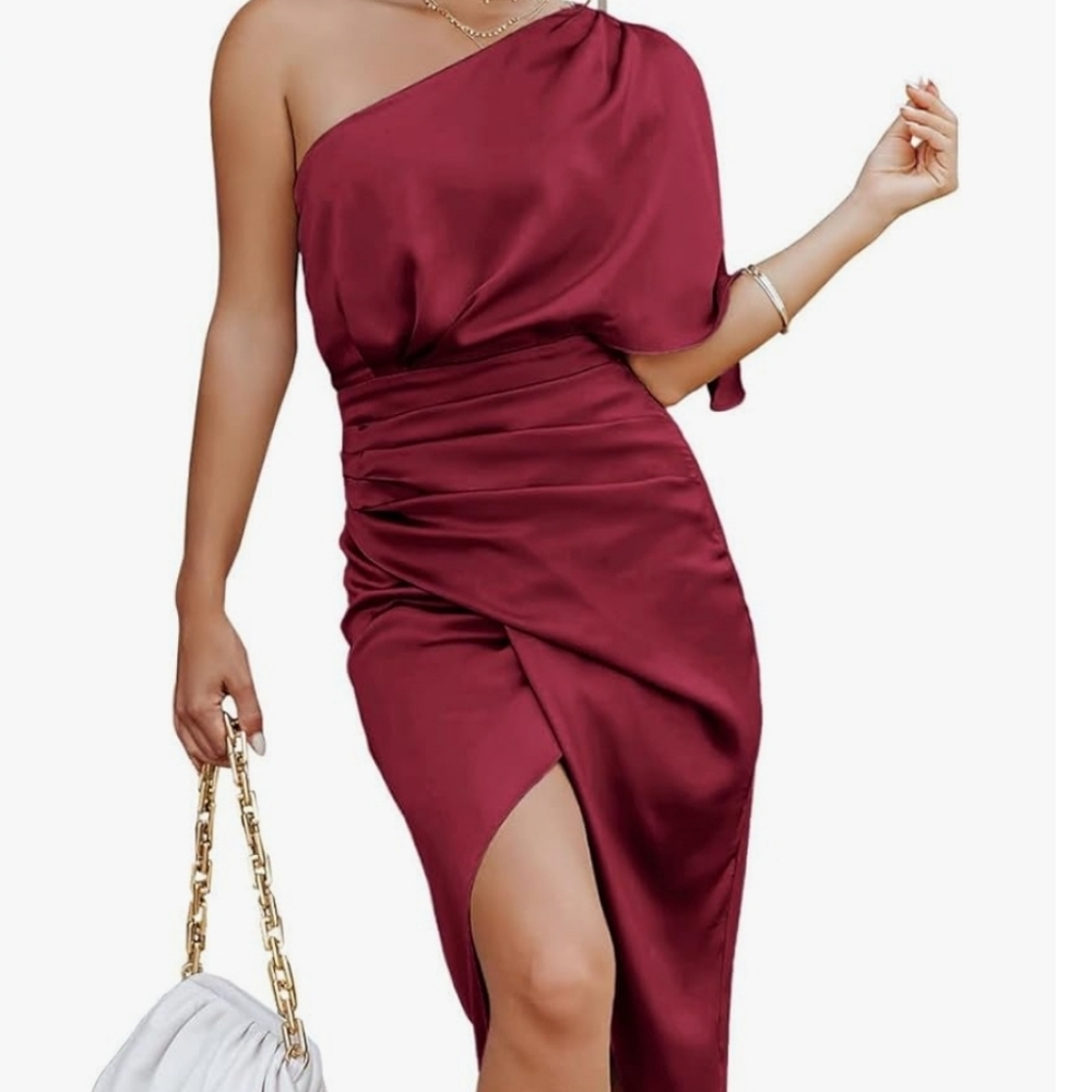 Infashule Cocktail Burgundy One Shoulder Midi Dress 2X